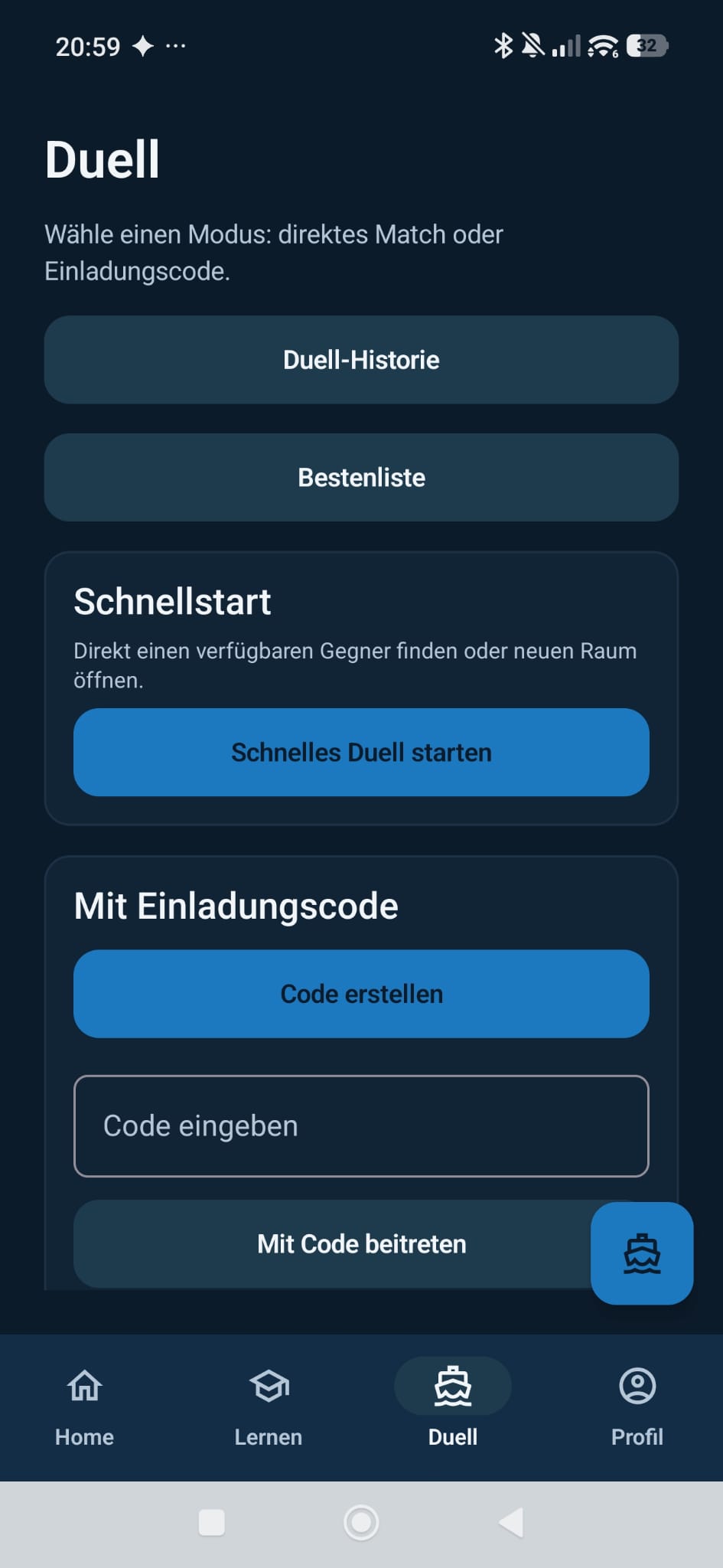Duell-Lobby mit Schnellstart und Einladungscode