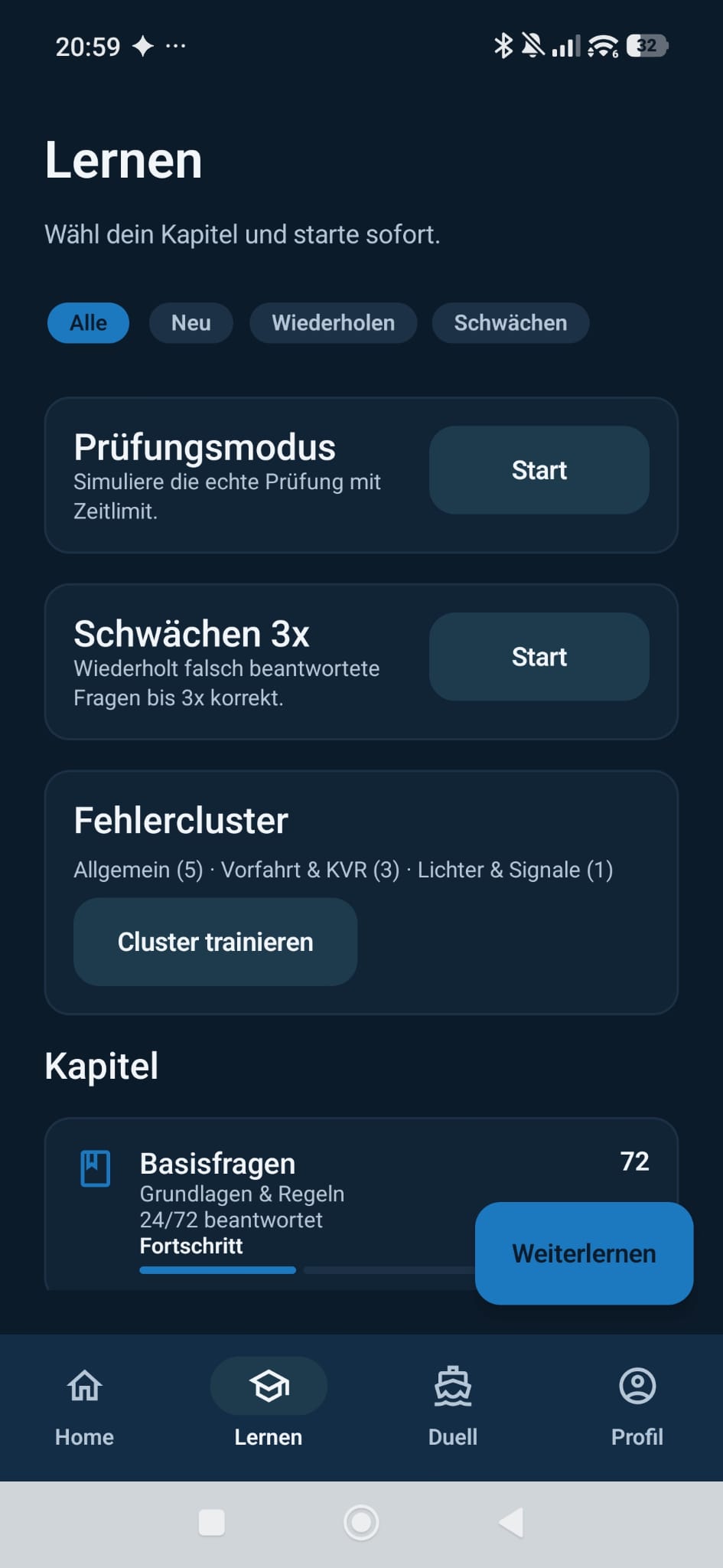 SBFReady Lernbereich mit Prüfungsmodus und Fehlercluster