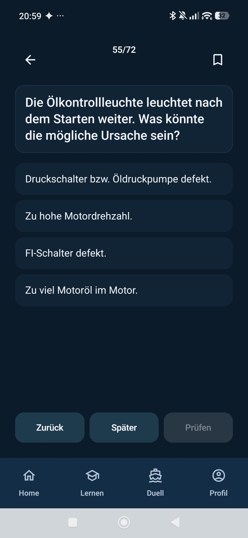 Fragenansicht im Lernmodus von SBFReady