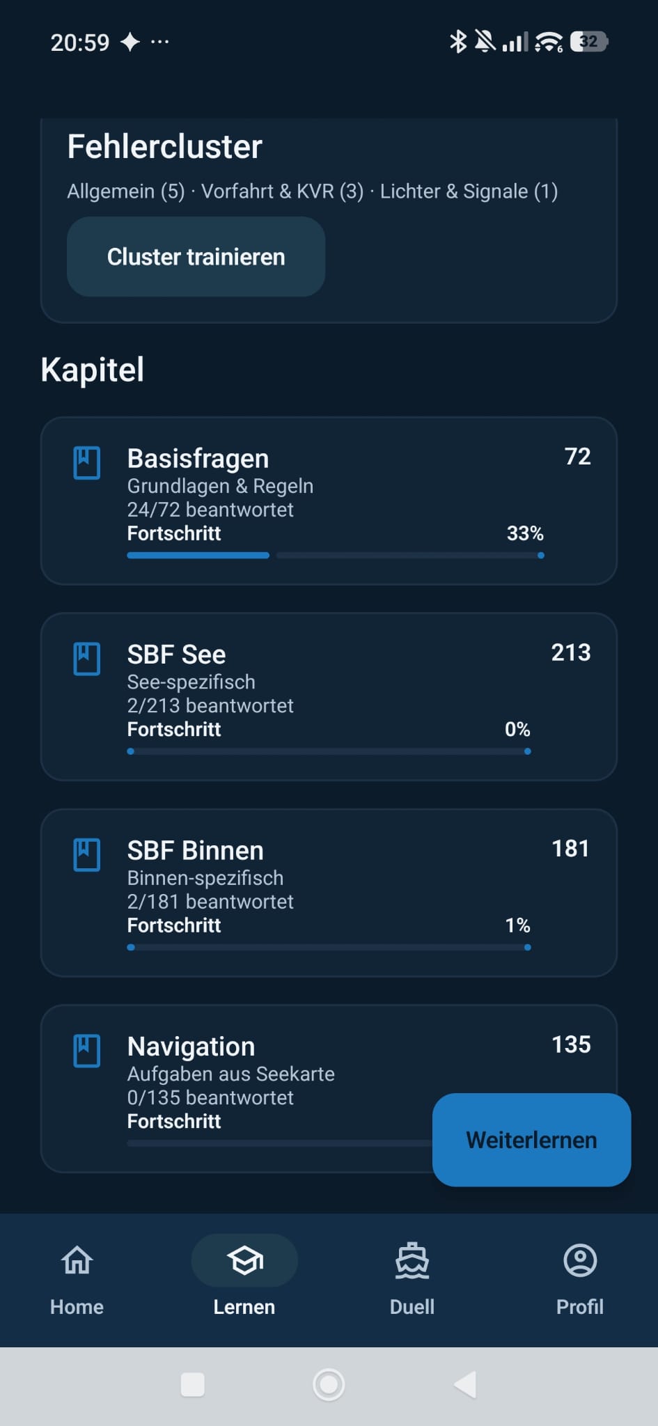 Kapitelübersicht für Basisfragen, SBF See und SBF Binnen