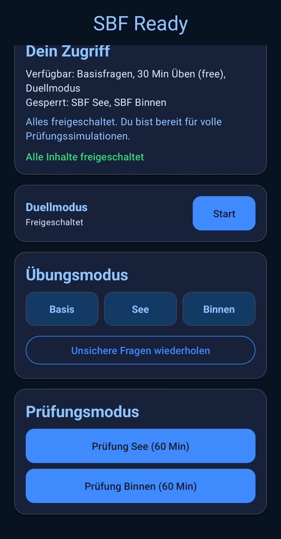 SBFReady Dashboard mit Lernfortschritt und Überblick