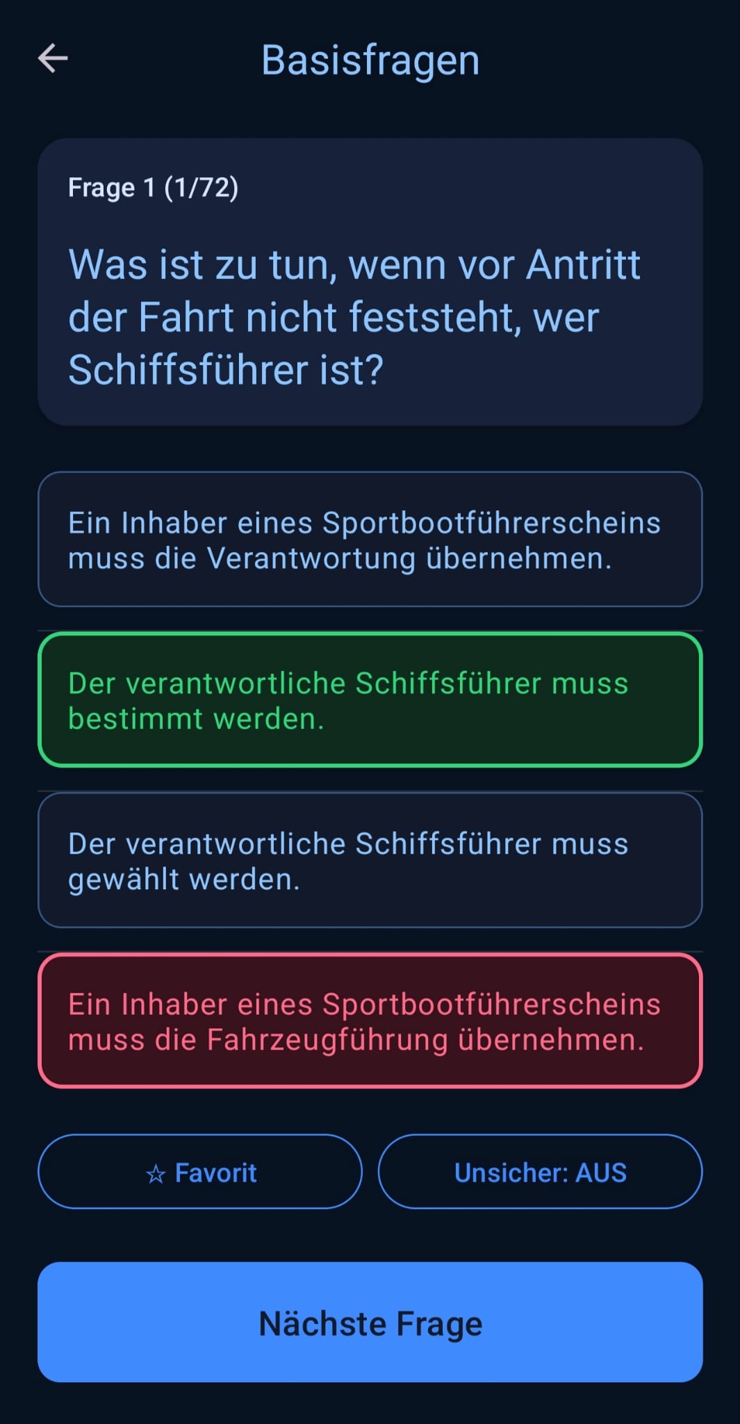 SBFReady Basisfragen mit richtiger und falscher Antwortmarkierung